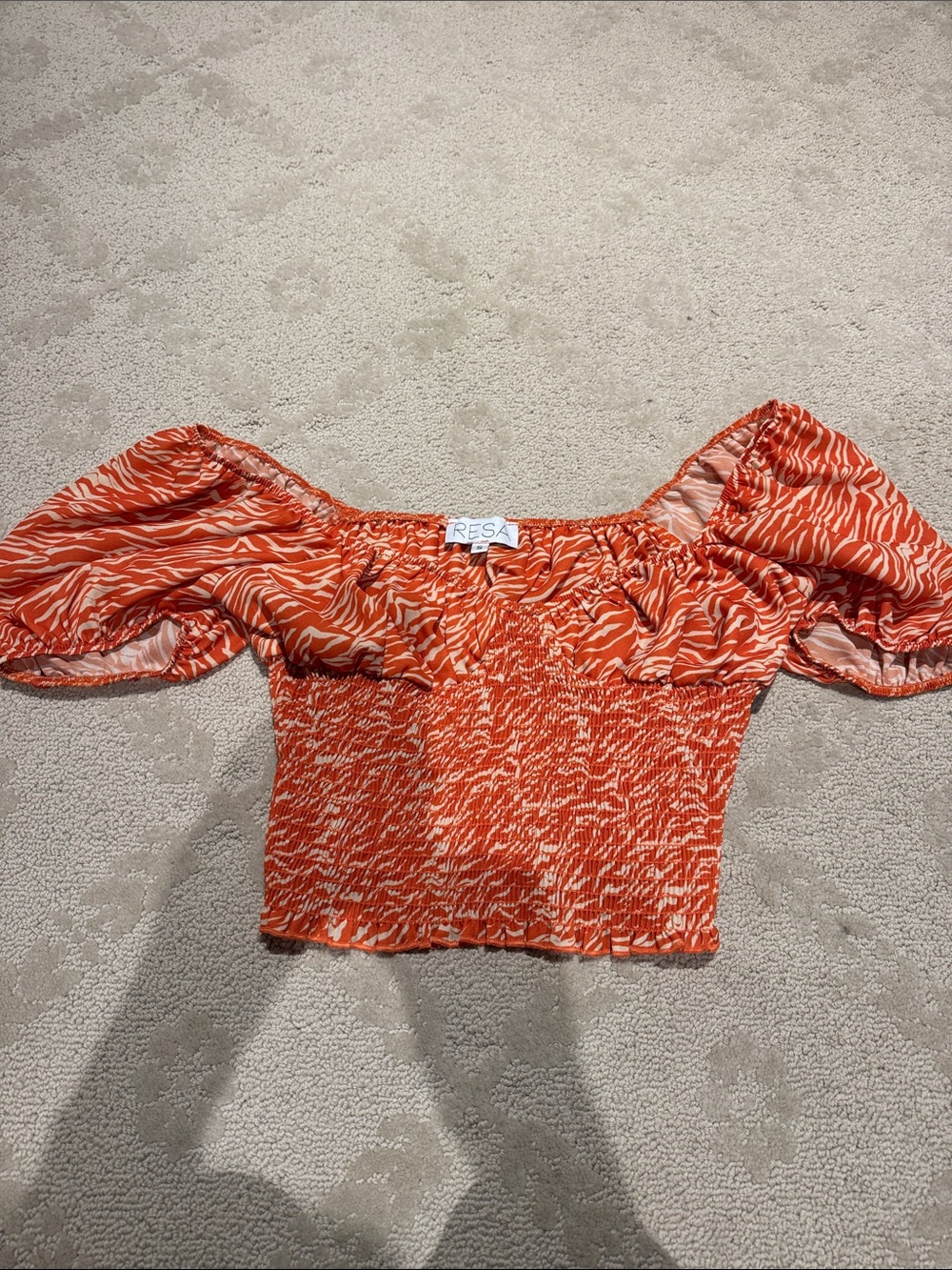 RESA Orange Smocked Off-Shoulder Crop Top with Puff Sleeves